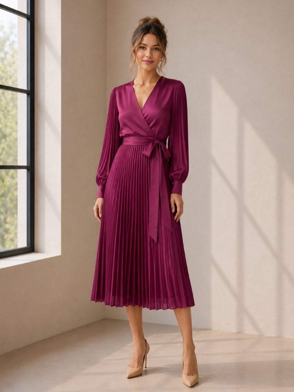 *INTERMIX Magenta Wrap Midi Dress Pleated Skirt Bishop Sleeves Size 0 0510